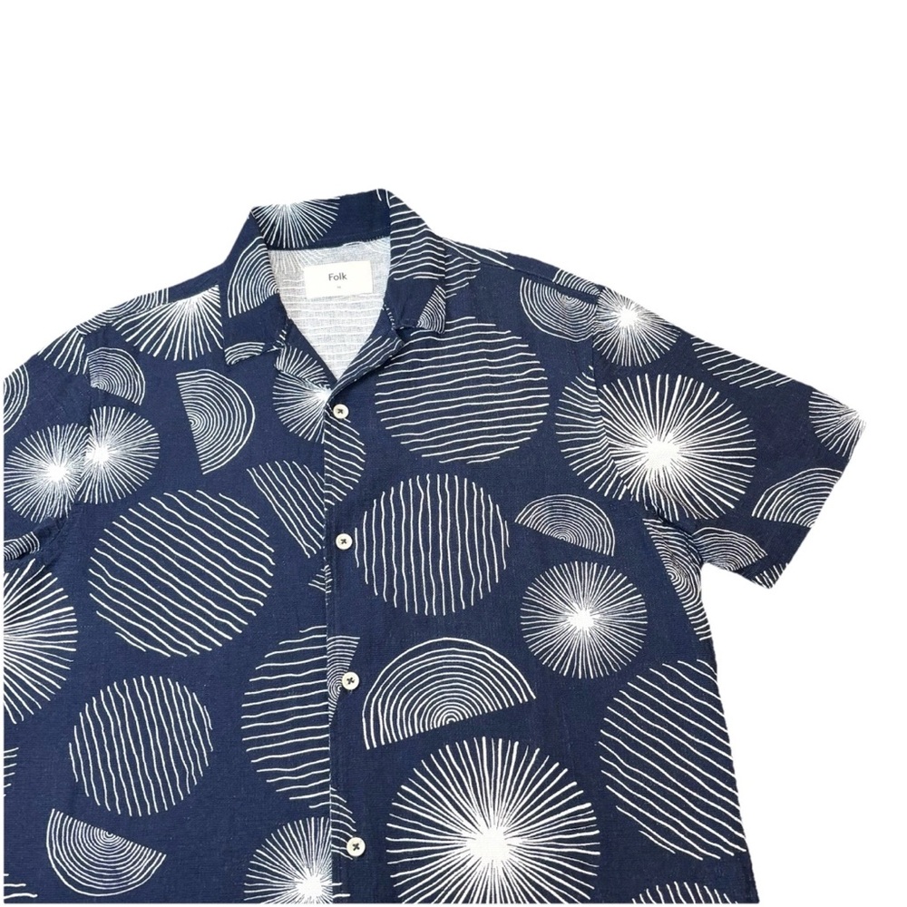 FOLK Jay Button Up Camp Shirt  Men's Medium ‎ Blue Short Sleeve  Geometric Print